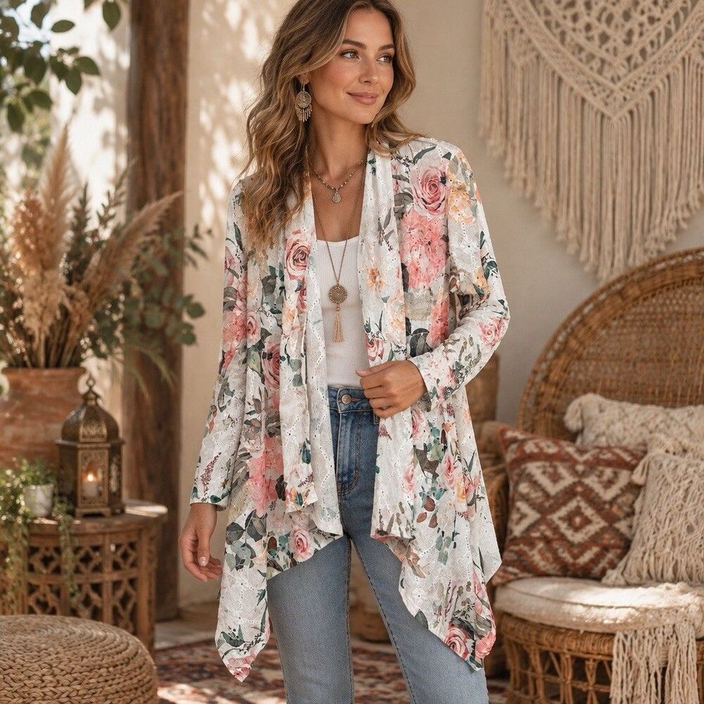Astrologie Women’s S Ivory Floral Open Front Draped Cardigan Watercolor Print